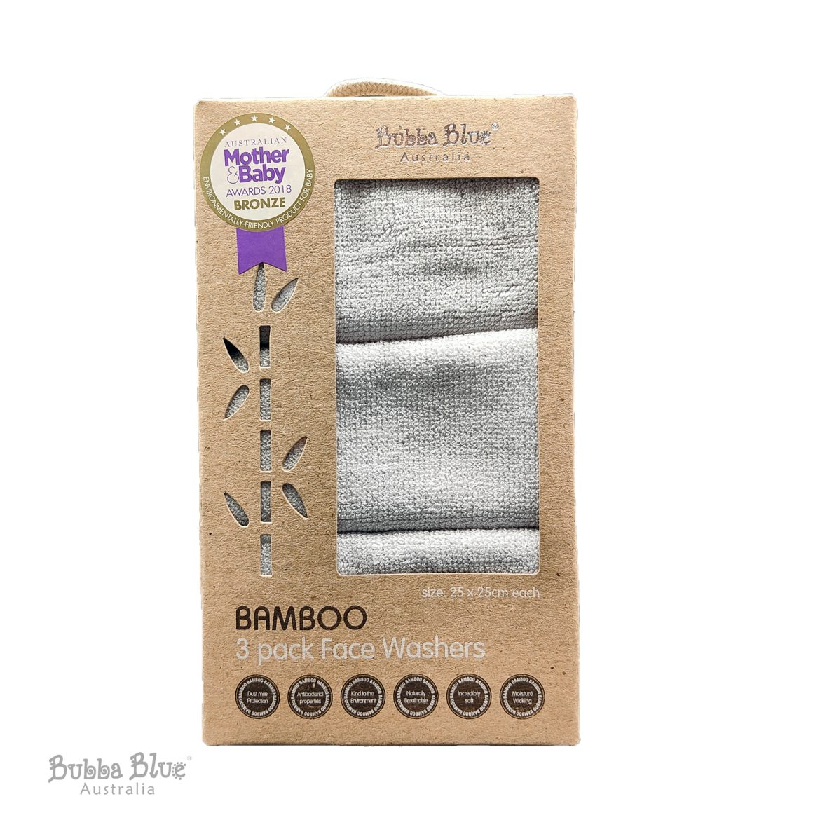 Bubba Blue Grey Bamboo 3Pk Face Washers