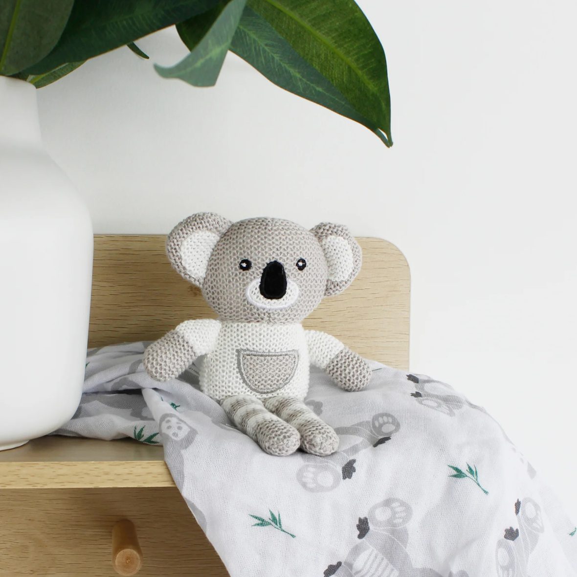 Bubba Blue Aussie Animals Koala Muslin Swaddle Wrap and Knit Rattle Toy Gift Set