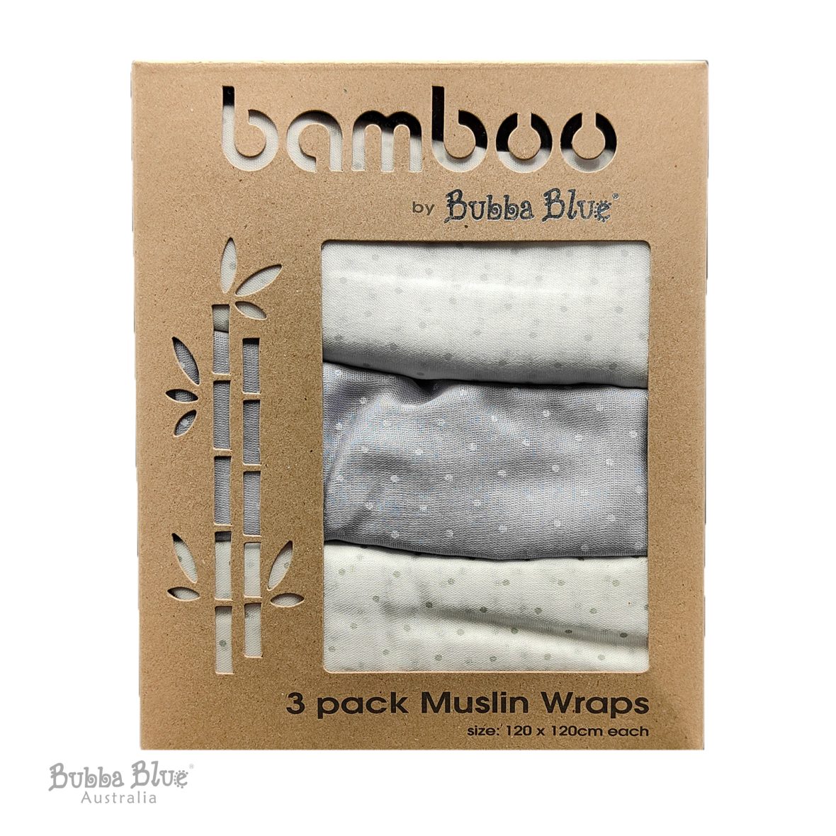 Bubba Blue Grey White Bamboo 3Pk Muslin Wraps
